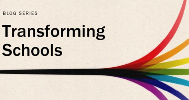 Transforming Schools Blog Series logo featuring a dark line branching into multiple colorful paths on a tan background. Small black text in the upper left reads “Blog Series” above large black text reading “Transforming Schools.”