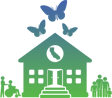 The S-TAC logo. The whole logo is a gradient of color that goes from bottom to top bright green to dark blue. The most prominent feature of the logo is a school house with a round window in the roof. In the round window you can see the shape of California. A group of three butterflies take flight above the school house, a group students to the right and a student in a wheelchair with their caregiver is to the left of the school house.