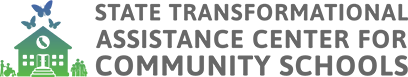 A horizontal version of the State Transformational Assistance Center logo, a small green school house with blue butterflies floating above it, a group students to the right and a student in a wheelchair with their caregiver to the left. The text is written in white with a blue background.