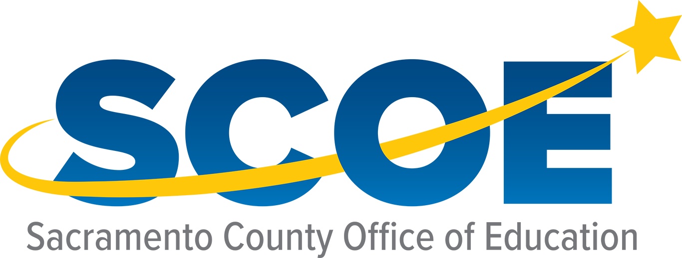 Sacramento County Office of Education logo. SCOE in all capital, blue letters with a yellow shooting star traveling through the letters. 