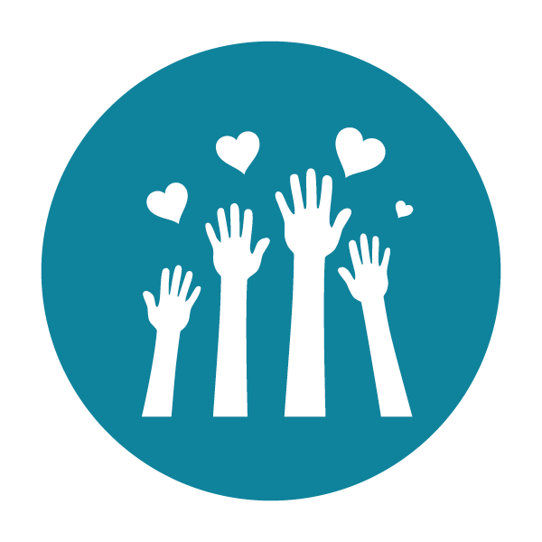 2_Centering Community Based Learning A teal image that contains a white icon of multiple hands stretching upwards towards floating heart shapes meant to represent community caring.