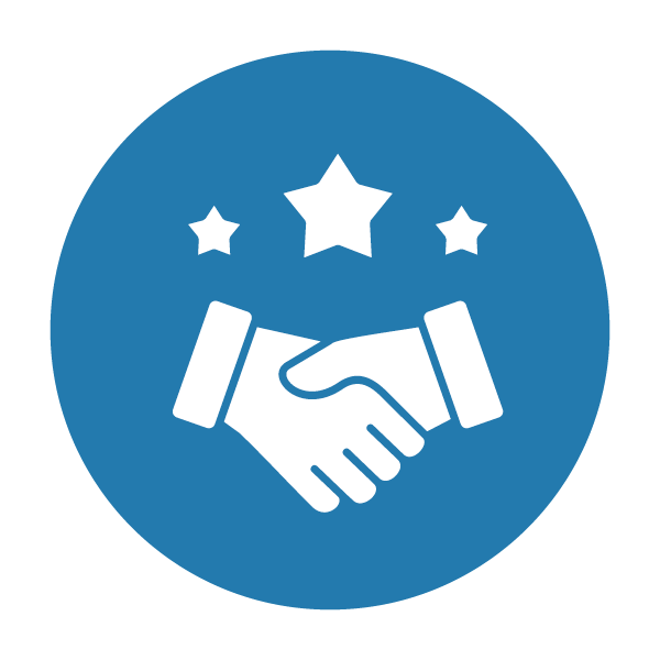 3_Collaborative Leadership A blue image that contains a white icon of two business hands shaking with three starts above them meant to represent collaboration.