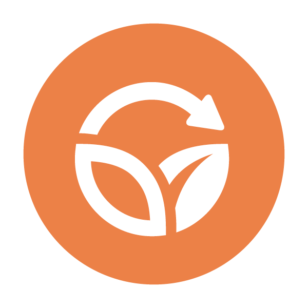 4_Sustaining Staff and Resources An orange image that contains a white icon of two leaves spread outwards from each other and an arrow arching between them meant to represent sustainability or renewal.
