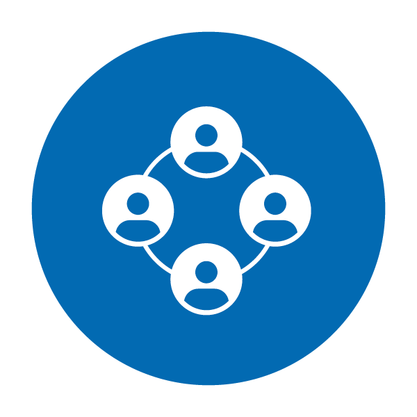 5_Strategic Community Partnerships A vibrant blue image that contains a white icon of four people placed at different intervals on a circle meant to represent community partnerships.